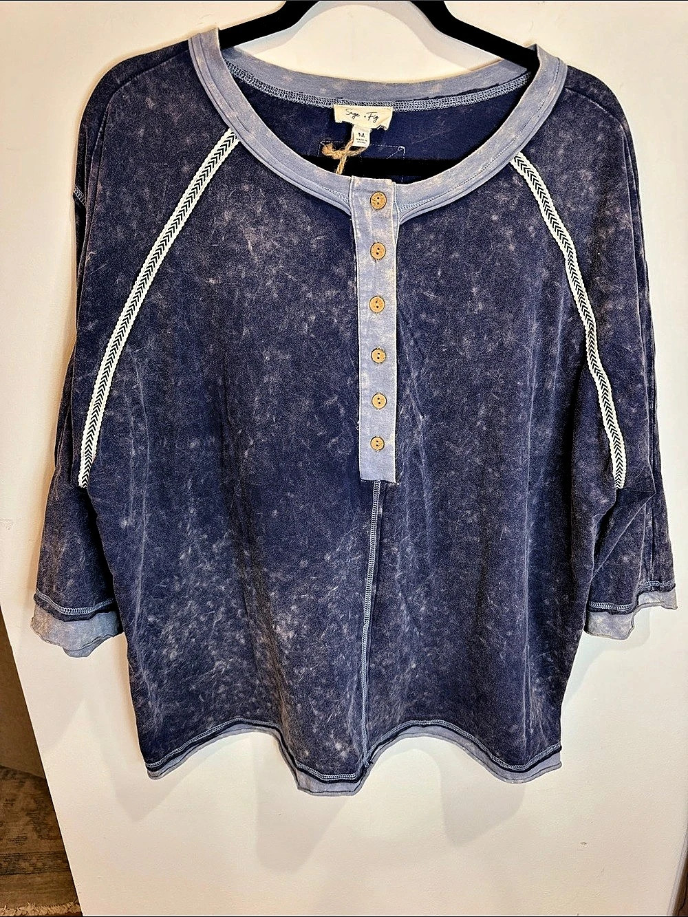 Sage + Fig Navy Mineral Wash Boxy Henley Pullover, Medium